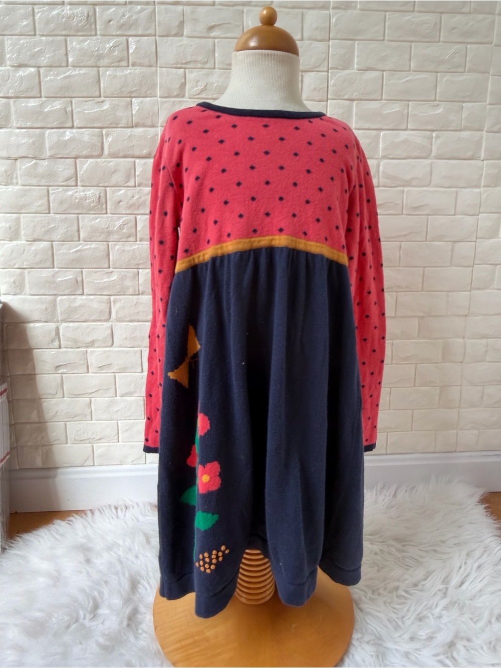 Hanna Andersson Pink Sweater with Navy Polka Dots and Mustard Tie